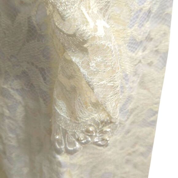 Vintage White Victorian 80s Wedding Lace Dress with Pearl Details - Picture 6 of 12